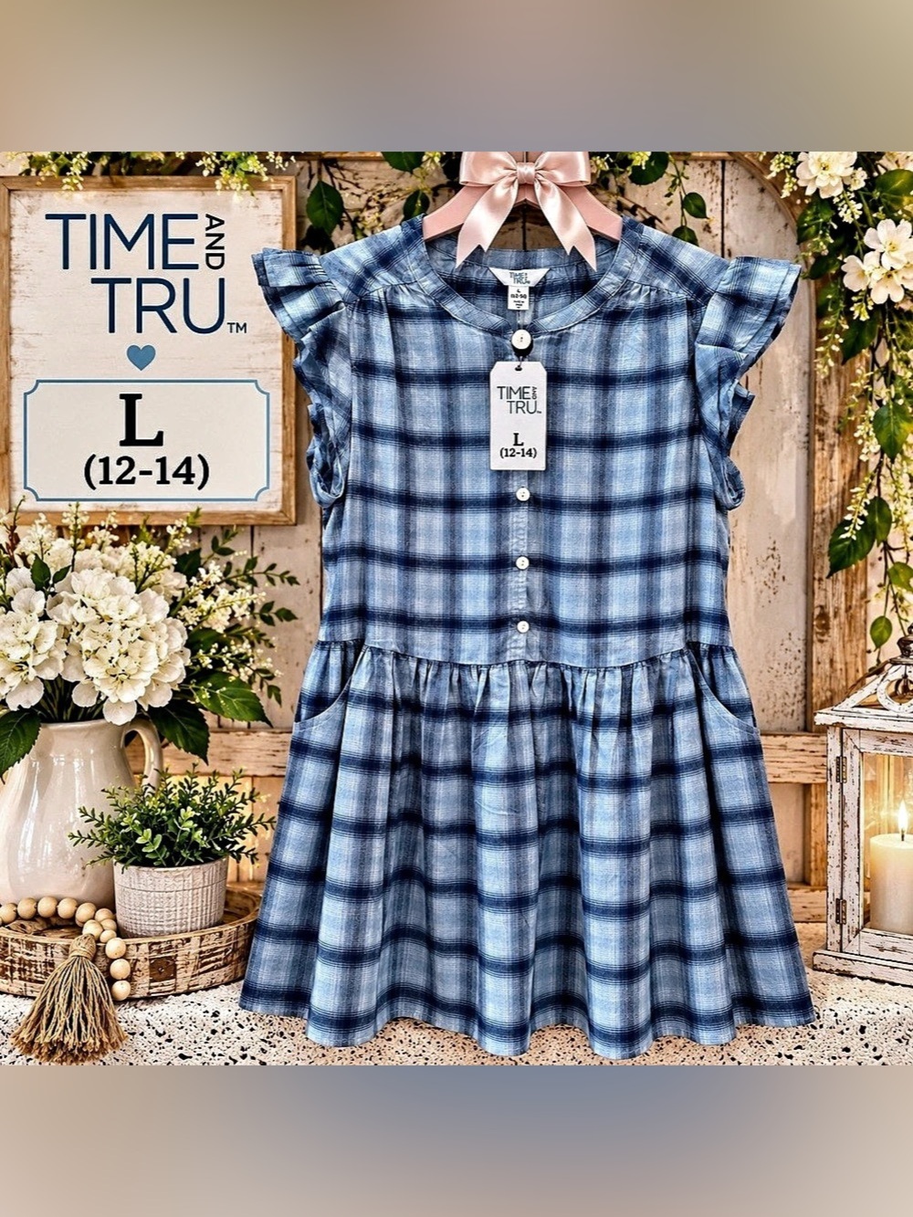 Time and Tru Women’s Blue Plaid Flutter Sleeve Mini Dress Size Large (12–14) NWT